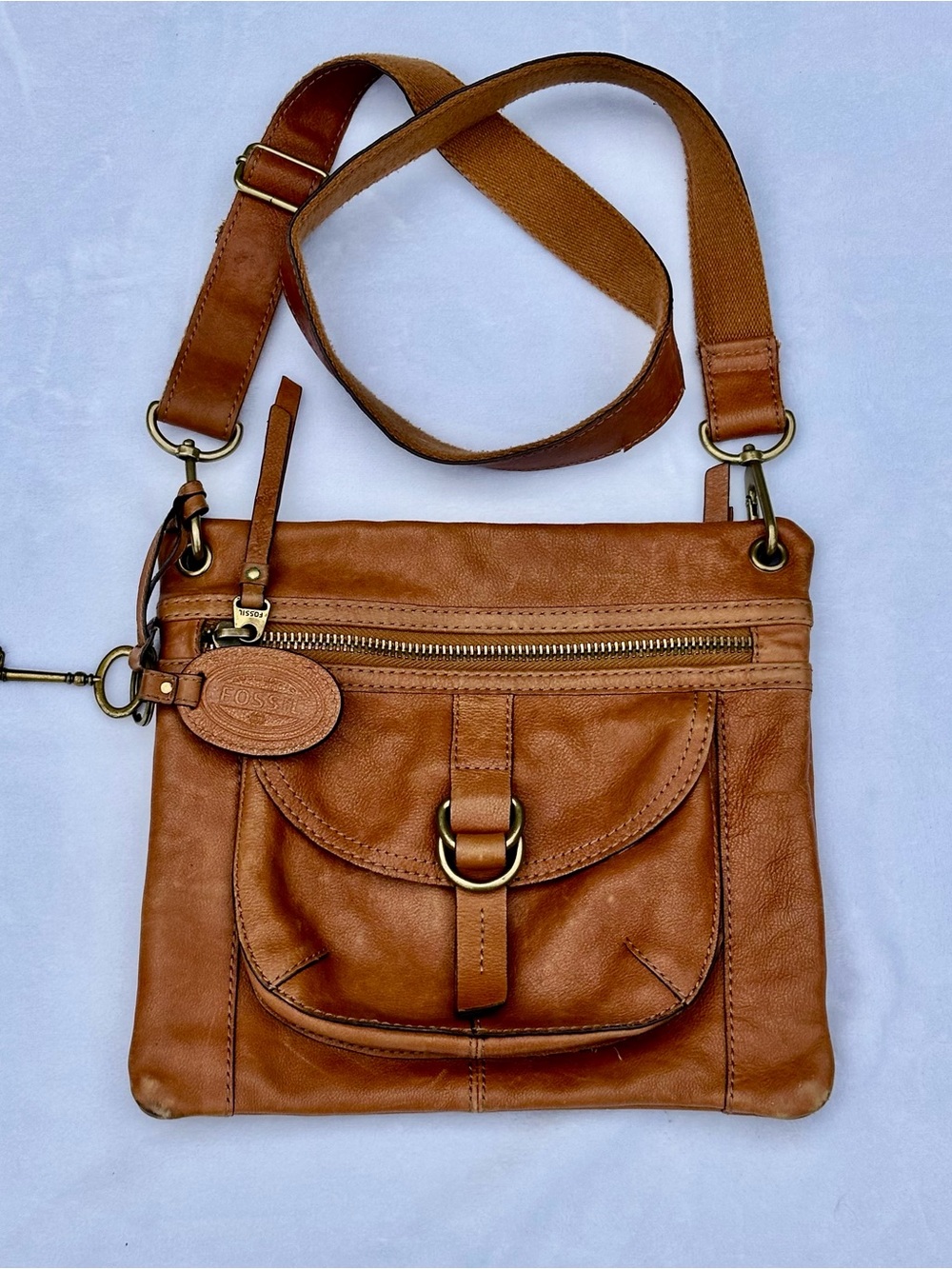 Fossil Sasha Cognac Leather Crossbody Bag‎ Boho Indie Sleaze Utility Y2K Vintage